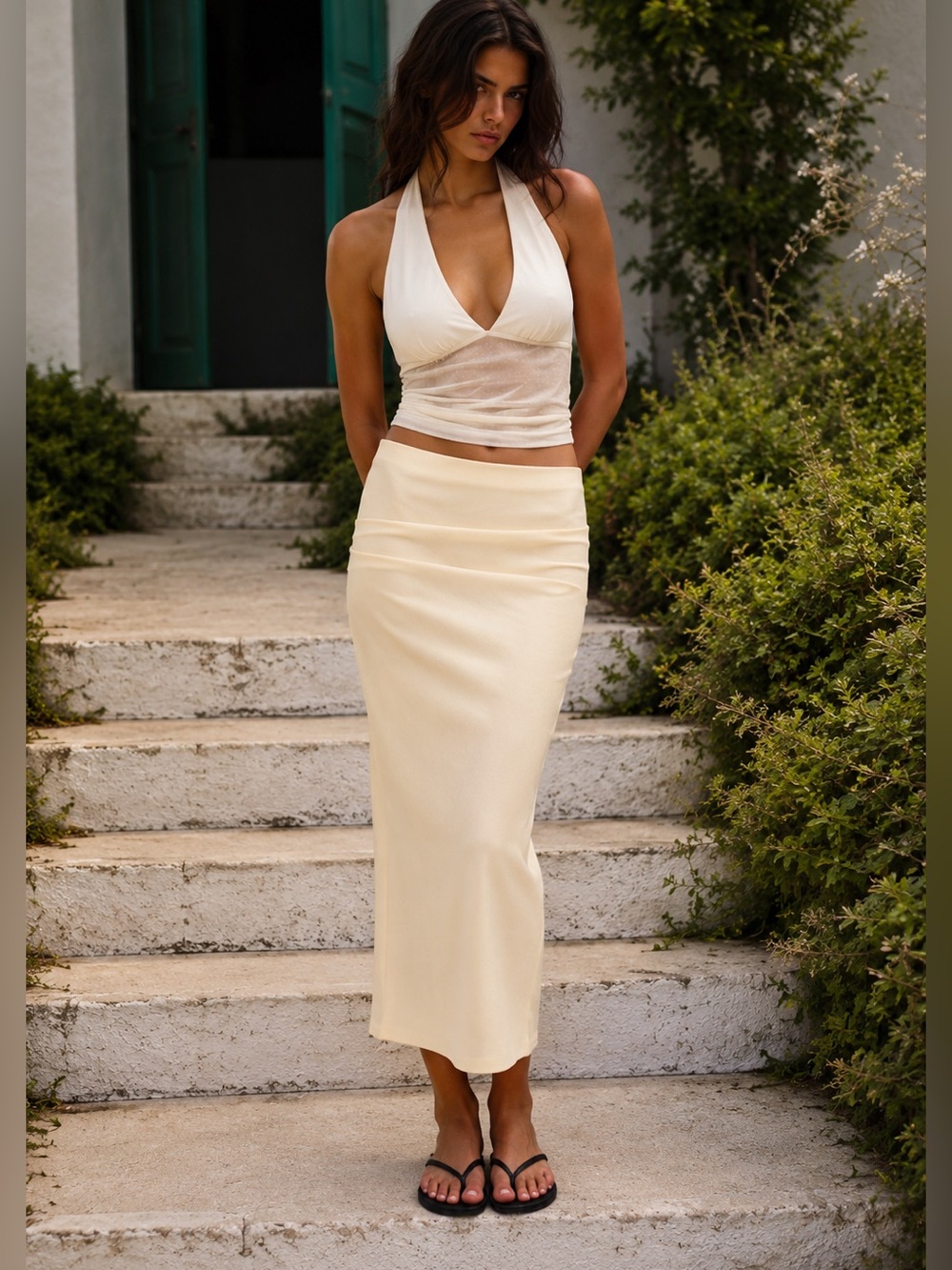 NWT Zara Textured Rushed Light Yellow Midi Skirt